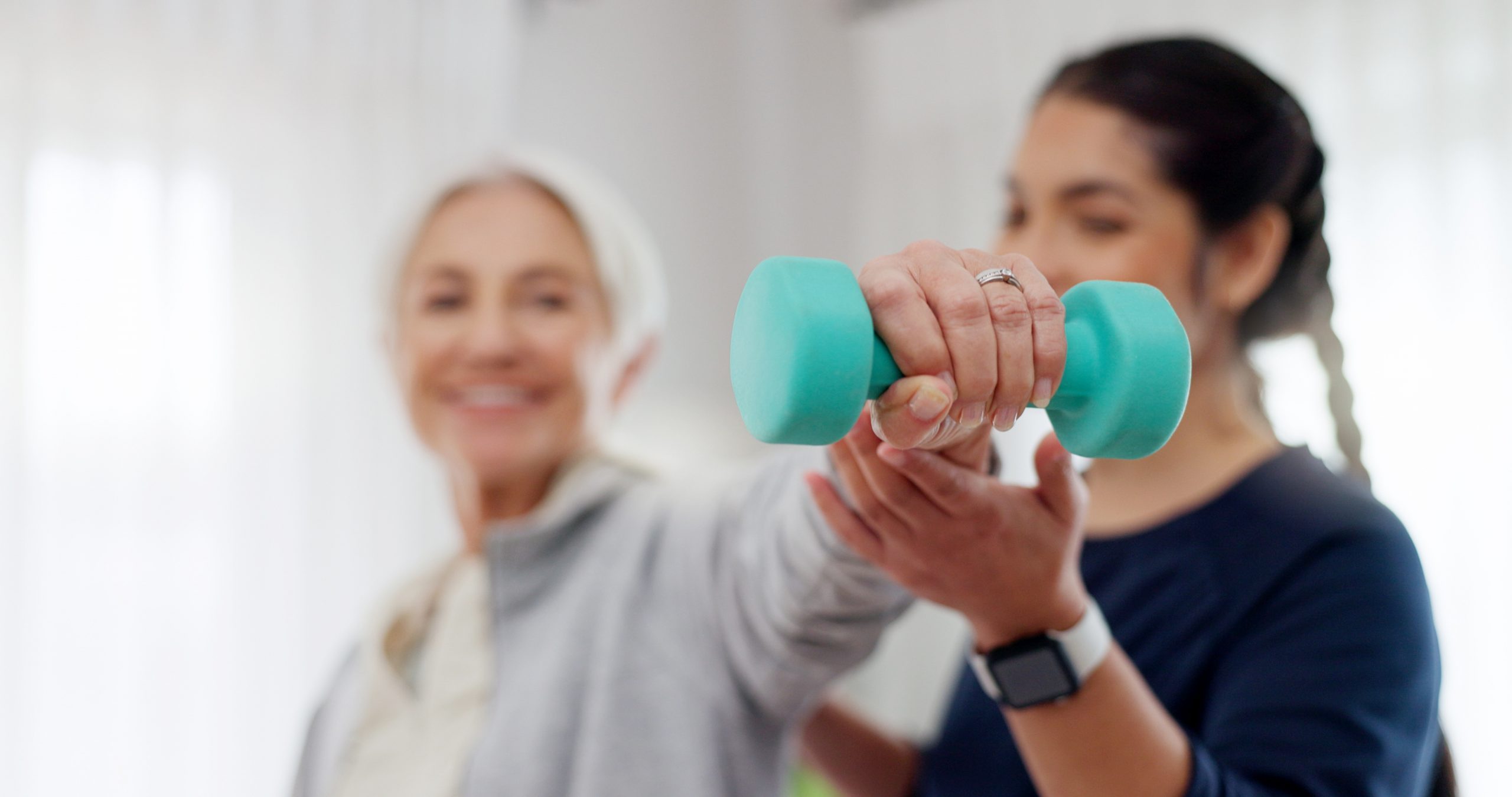 Woman,,Nurse,And,Dumbbell,In,Elderly,Care,For,Physiotherapy,,Exercise